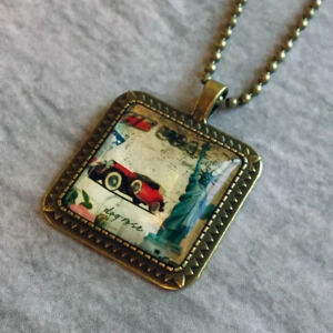 Statue of Liberty & Old Car Square Antiqued Brass Glass 27" Long Necklace